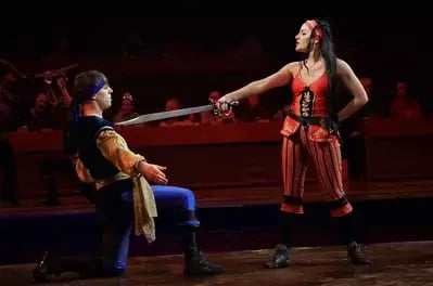 Crimson pirate holding sword at Sapphire performer