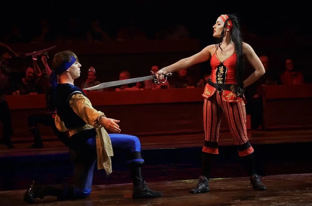 Crimson pirate holding sword at Sapphire performer