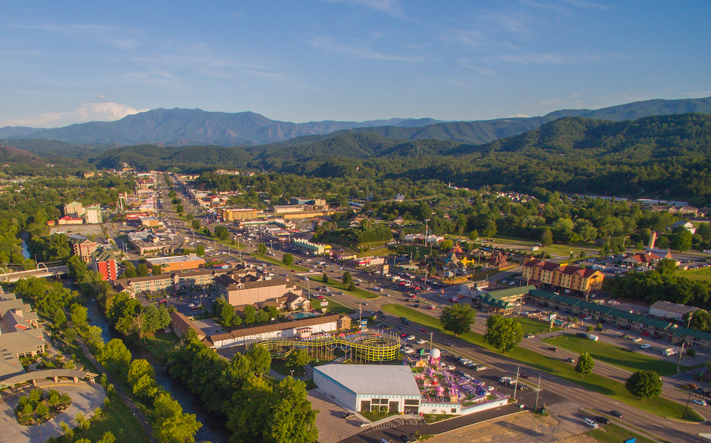 aerial view of Pigeon Forge and the Parkway