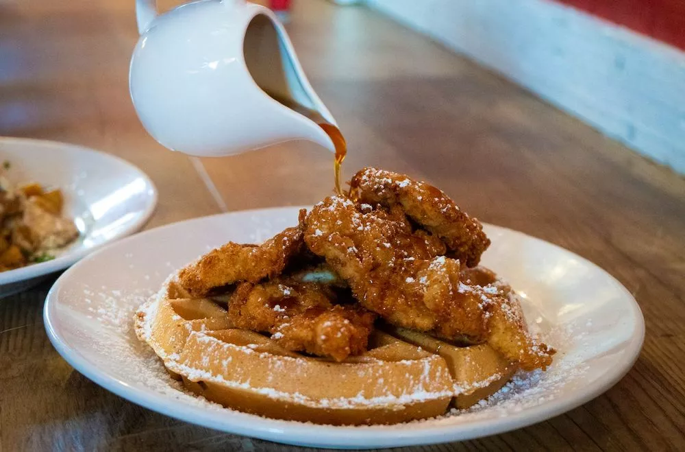 chicken and waffles at Frizzle Chicken Cafe
