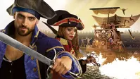 Pirates with swords and the ship in the background